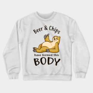 Sloth With Beer Belly Beer And Chips Body Fun Crewneck Sweatshirt